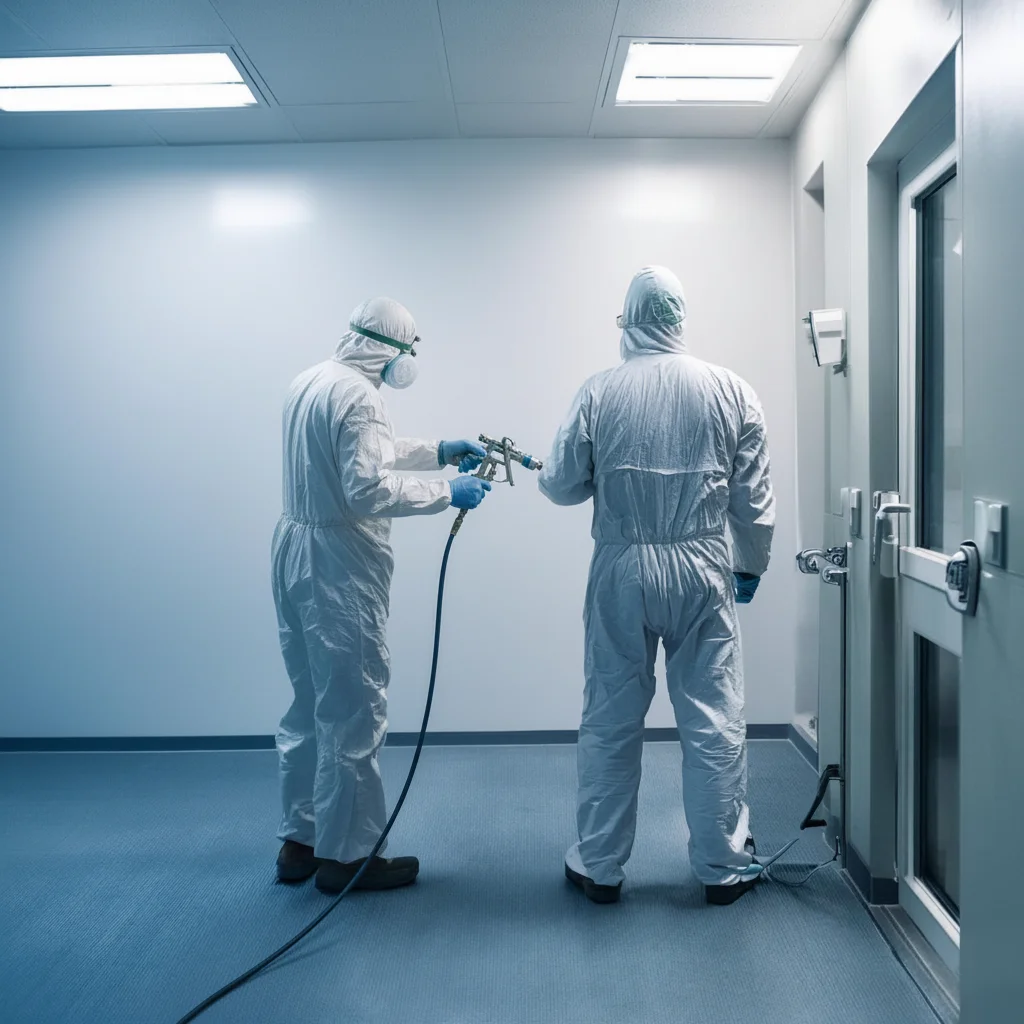 Pracownicy w kombinezonach ochronnych stosujący farbę natryskową