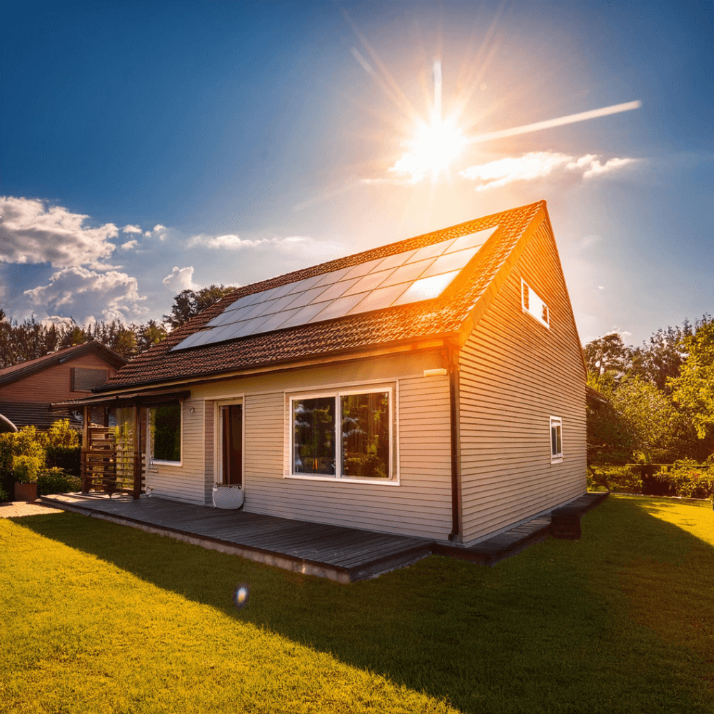 dom z panelami fotowoltaicznymi na dachu