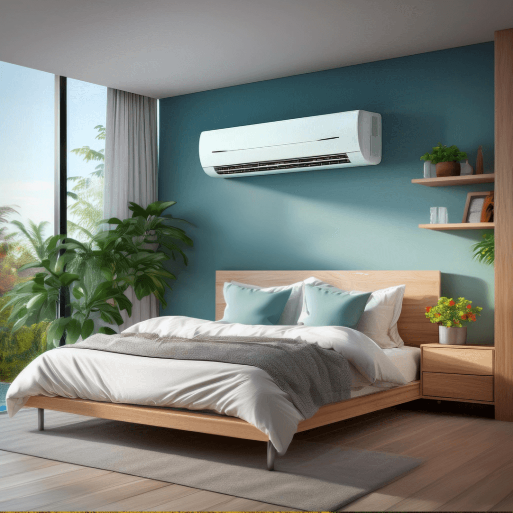 Klimatyzator w sypialni powieszony nad łóżkiem